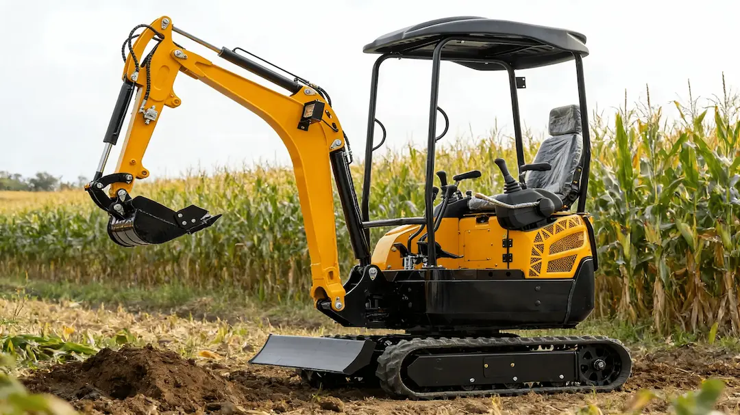 Mini excavator working in orchard and farm conditions